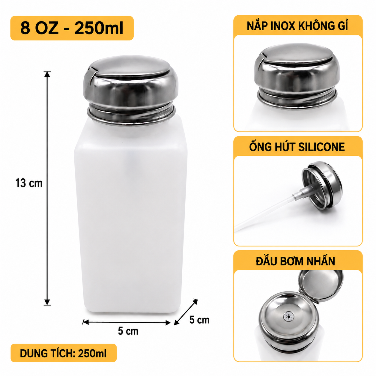250ml-nap-vang Bình Đựng Cồn Nhấn Chống Tĩnh Điện 250ml Nắp Inox – Giải Pháp Chuyên Nghiệp Cho Ngành Điện Tử Và Phòng Sạch. Trong các nhà máy sản xuất điện tử, phòng sạch, phòng thí nghiệm hay khu vực bảo trì thiết bị, việc sử dụng cồn IPA và các loại dung môi vệ sinh là yêu cầu không thể thiếu. Để đảm bảo quá trình sử dụng an toàn, tiết kiệm và chuyên nghiệp, Bình Đựng Cồn Nhấn Chống Tĩnh Điện 250ml Nắp Inox là giải pháp được nhiều doanh nghiệp lựa chọn. Với dung tích 250ml, sản phẩm mang đến khả năng chứa dung môi phù hợp cho nhu cầu sử dụng thường xuyên mà vẫn giữ được thiết kế nhỏ gọn, tiện lợi trên bàn thao tác. Bình được trang bị đầu nhấn inox cao cấp kết hợp ống hút silicone mềm dẻo, giúp cấp phát dung môi nhanh chóng, hạn chế thất thoát và tối ưu hiệu quả làm việc. Đây là dòng bình đựng cồn được sử dụng phổ biến trong các môi trường yêu cầu kiểm soát tĩnh điện và tiêu chuẩn vệ sinh cao.