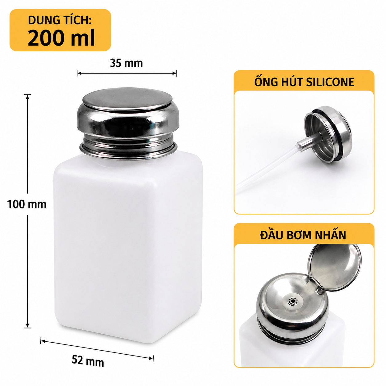 binh-200ml-nen-vang Bình Đựng Cồn Nhấn Chống Tĩnh Điện 200ml Nắp Inox – Giải Pháp Tiết Kiệm Và Hiệu Quả Cho Nhà Máy Điện Tử. Trong các ngành công nghiệp điện tử, phòng sạch, SMT hay các phòng nghiên cứu kỹ thuật, việc sử dụng cồn IPA, ethanol hoặc các loại dung môi chuyên dụng là công việc diễn ra thường xuyên. Để đảm bảo an toàn, tiết kiệm dung môi và nâng cao hiệu quả làm việc, Bình Đựng Cồn Nhấn Chống Tĩnh Điện 200ml Nắp Inox là lựa chọn được nhiều doanh nghiệp tin dùng. Sản phẩm được thiết kế với thân bình nhựa cao cấp màu trắng sữa kết hợp cùng đầu nhấn inox không gỉ, giúp cấp phát dung môi nhanh chóng chỉ bằng một thao tác nhấn nhẹ. Dung tích 200ml đáp ứng tốt nhu cầu sử dụng liên tục trong ngày mà không cần châm thêm dung dịch nhiều lần. Đây là thiết bị không thể thiếu tại các dây chuyền sản xuất điện tử, khu vực bảo trì thiết bị, phòng sạch và các môi trường làm việc yêu cầu kiểm soát tĩnh điện nghiêm ngặt.