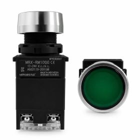 Nút nhấn có đèn Hanyoung MRX-RM1D0G phi 22 màu xanh lá, nguồn LED 12-24V AC/DC, tiếp điểm 1NO+1NC, chuẩn IP65. Chính hãng Hanyoung NUX, phù hợp tủ điện, PLC và dây chuyền tự động hóa.