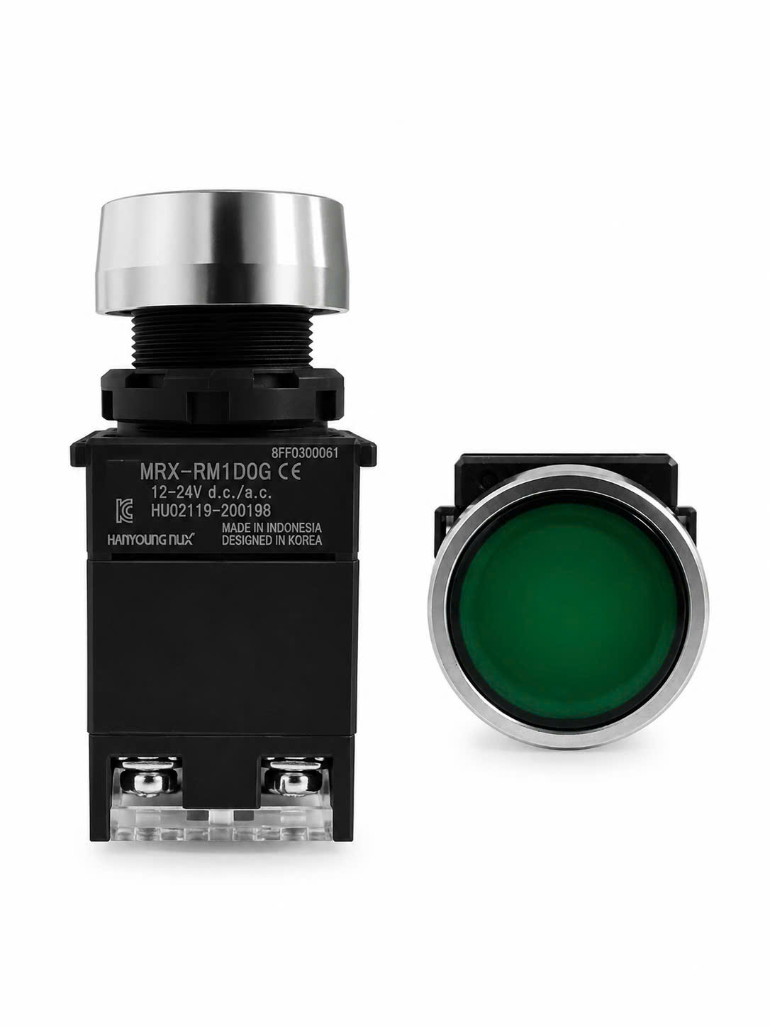 Nút nhấn có đèn màu xanh viền nhôm phi 22 1NO 1NC Nút nhấn có đèn Hanyoung MRX-RM1D0G phi 22 màu xanh lá, nguồn LED 12-24V AC/DC, tiếp điểm 1NO+1NC, chuẩn IP65. Chính hãng Hanyoung NUX, phù hợp tủ điện, PLC và dây chuyền tự động hóa.