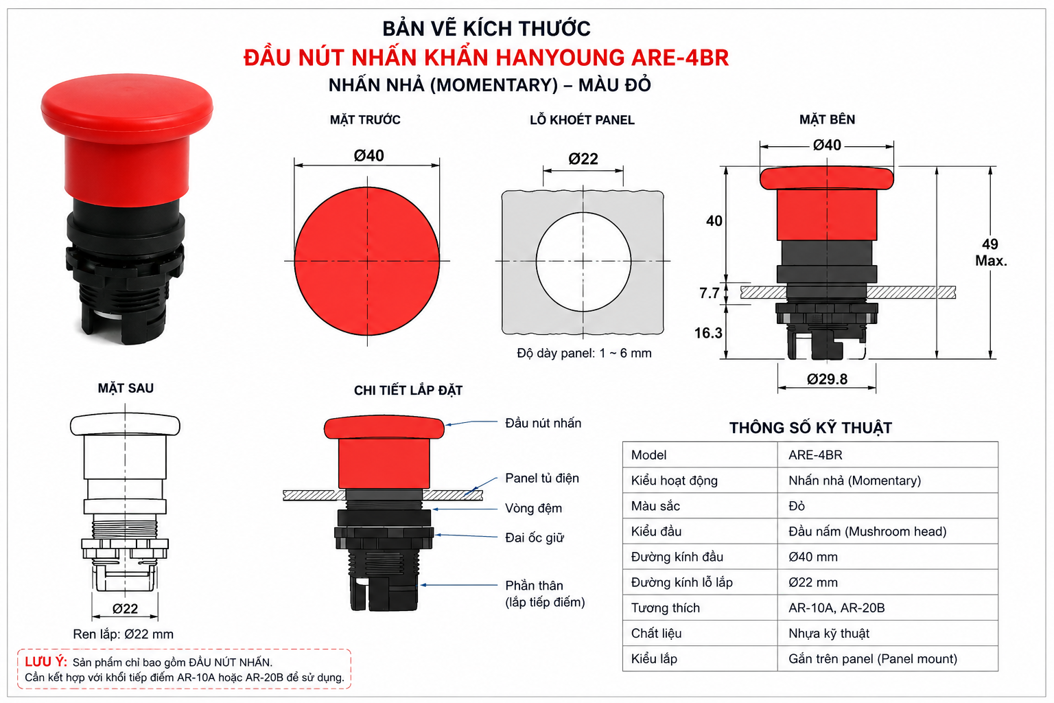 bản vẽ nút nhấn dù đỏ phi 22