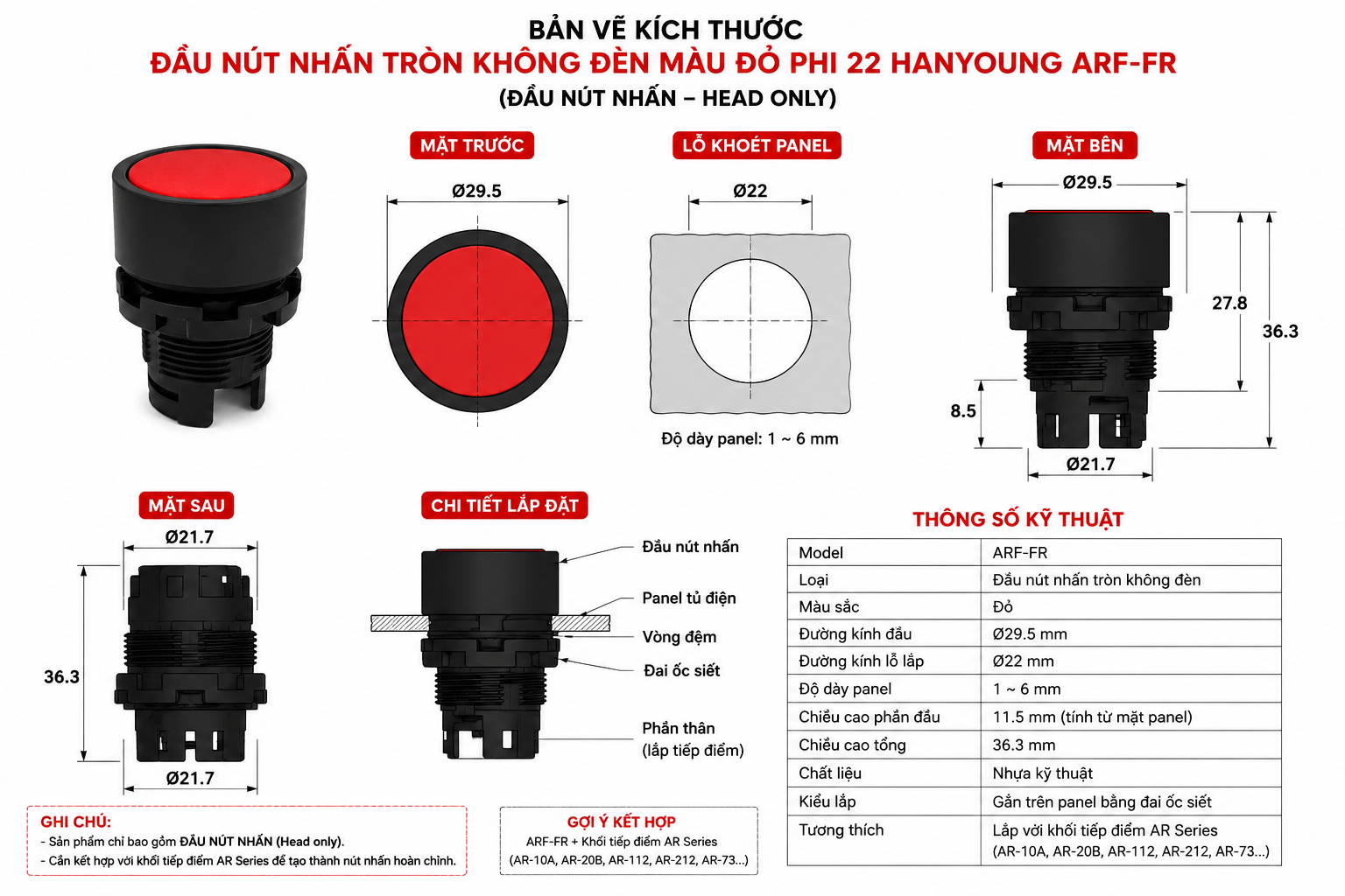 bảng vẽ đầu nút nhấn đầu bằng đỏ