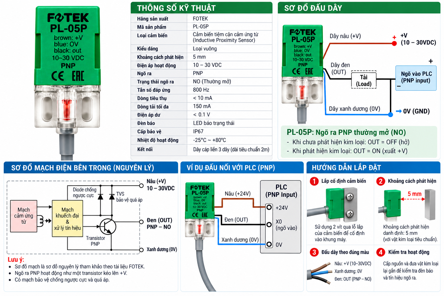 so do mạch và hướng dẫn lắp đặt của cảm biến PL05P